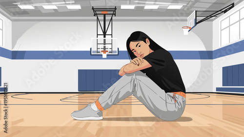 Vector illustration of dejected girl seated alone on basketball court floor, side view, cartoon style, 32.eps art