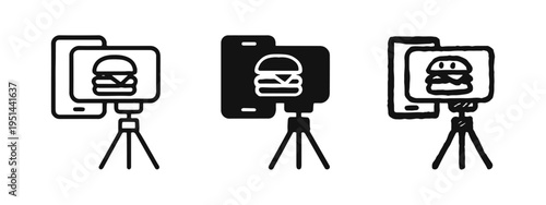 Food Blogging with Smartphone Icon Set Showing Burger and Tripod