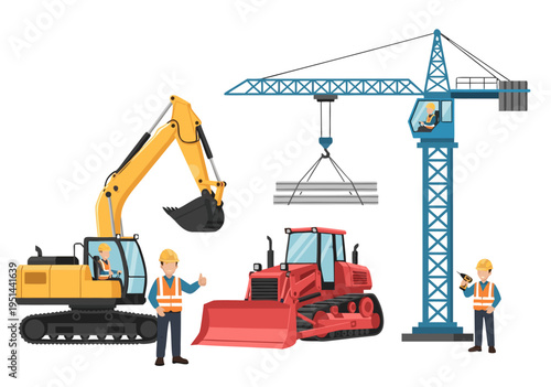 Construction Workers, Excavator, Bulldozer, Crane in Action at Industrial Yard