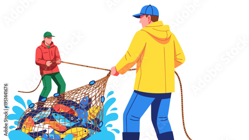 Vector illustration of two cheerful fishermen with net full of fresh catch on white background