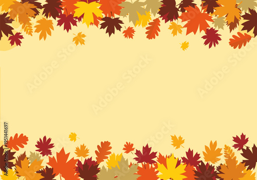 Autumn vector illustration frame border template with colorful fall leaves scattered around warm yellow backdrop