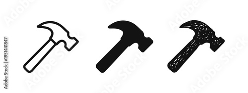 Claw Hammer Tool Icon Set in Line, Solid, and Hand-Drawn Styles