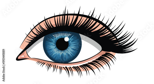 A vibrant detailed illustration of a human eye with long eyelashes set against a stark black backdrop silhouette high quality professional