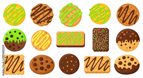 Assortment of Delicious Cookies with Colorful Icing and Chocolate Drizzle