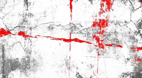 Abstract Grunge Texture with Red Splatter and Cracks - White and Gray Background