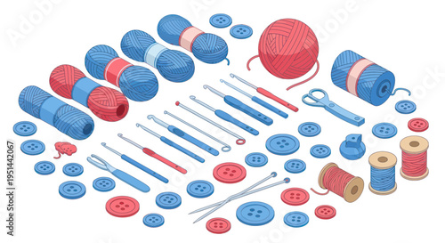 Crochet and Knitting Supplies: Yarn, Hooks, Needles, Buttons, Scissors