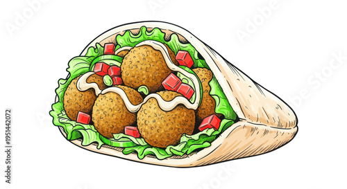 Delicious Falafel Wrap with Fresh Lettuce and Diced Tomatoes, Drizzled with Tahini Sauce