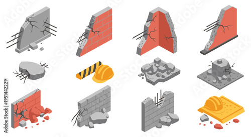 Isometric depiction of damaged brick walls rubble construction equipment and warning tape a striking silhouette high quality professional detailed modern