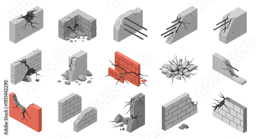 Isometric arrangement of fractured concrete blocks and brick walls displaying damage and structural failure silhouette high quality professional detailed modern elegant