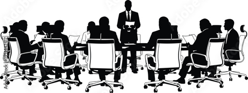 Business leader giving presentation to corporate team in boardroom meeting cad drawing flat vector illustration for professional management conference discussion