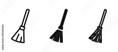 Broom icon set. Cleaning tool symbol. Sweep vector illustration in outline, solid, and hand-drawn styles.