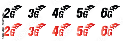 Mobile network technology icon set featuring generations from 2g to 6g with signal wave symbols for wireless telecommunication vector illustration.