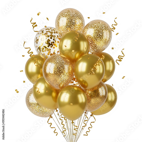 Luxury Gold Balloon Bouquet with Confetti, Celebration Party Decoration Concept, png