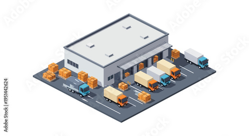 Isometric depiction of a warehouse facility with loading docks trucks and cargo containers presented as a silhouette high quality professional detailed