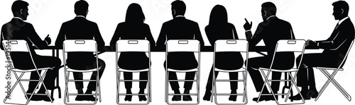 Business people silhouettes sitting in row at conference table for seminar meeting cad drawing flat vector illustration corporate board room