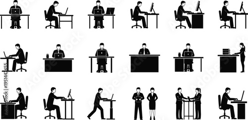 Business people silhouettes working at desks with laptops and computers cad drawing flat vector illustration for office workplace environment icons