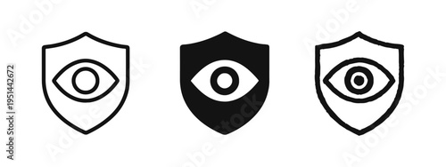 Shield with eye icon set. Security, protection, privacy, and visibility symbol vector in outline, solid, and hand-drawn styles.