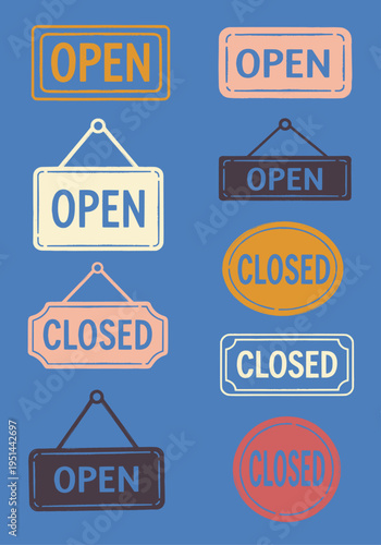 Vector graphic collection of hand-drawn, textured 'Open' and 'Closed' signs in various shapes and colors, ideal for business and shop status displays