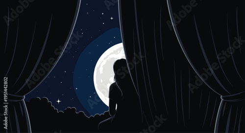 Silhouette of a woman looks out of a window at a large full moon in a starry night sky between curtains.