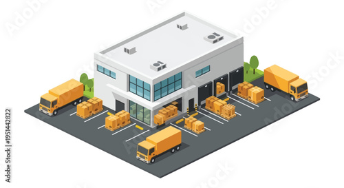 Isometric illustration depicts a modern logistics center with delivery vehicles and cargo presented as a silhouette high quality professional detailed elegant