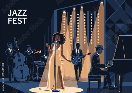 vector illustration of elegant woman vocalist in gold dress performing on jazz fest stage with spotlight