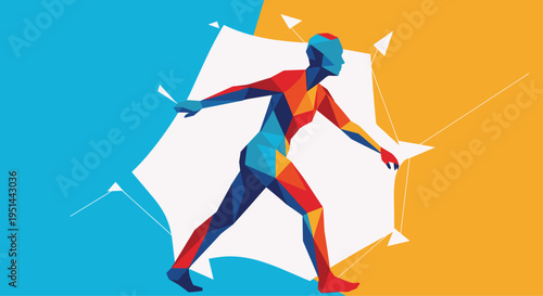 Abstract geometric illustration of an athlete in motion against a split blue and orange background representing energy.