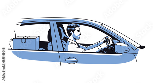 A delivery driver operates a vehicle with a package visible in the back presented in a striking silhouette high quality professional