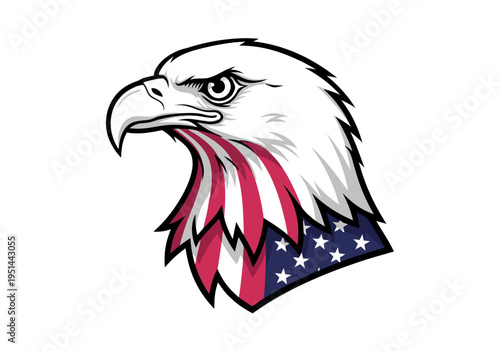 Vector illustration of patriotic cartoon eagle head with flag stripes and stars collar in side view