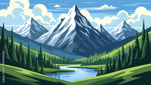 Cartoon vector illustration of serene mountain lake landscape with blue sky