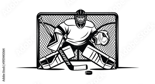 A dynamic illustration of a hockey goalie in a full stance guarding the net with focused intensity silhouette high quality professional
