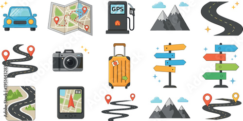 Road Trip Navigation and Travel Icon Set with GPS Map Car and Route Symbols