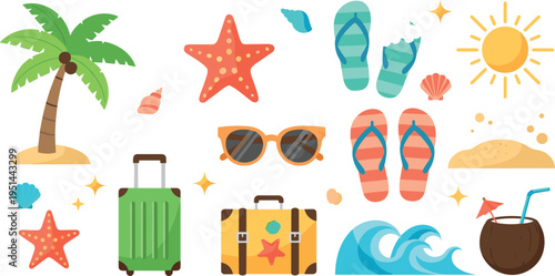 Summer Beach Vacation Icon Set with Palm Tree Flip Flops Sun and Travel Elements