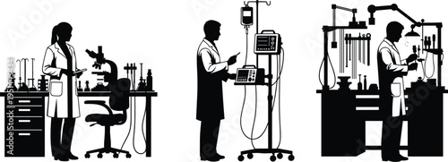 Scientific laboratory silhouettes, medical research illustration, clinical experiment artwork, scientist working with equipment, hospital diagnostics, chemistry analysis, academic stud