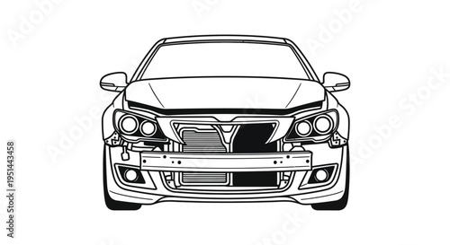 A detailed outline of a damaged sports car front view showcasing impact and structural deformation silhouette high quality professional modern elegant
