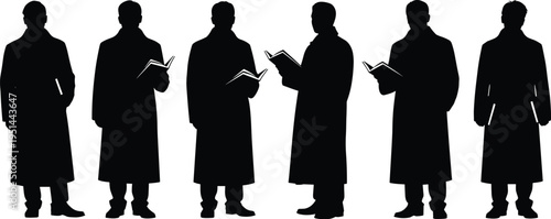 Silhouette figures in long coats and boots, standing with books and pockets, artistic repetition, uniform posture, stylized design, creative illustration, modern minimal concept