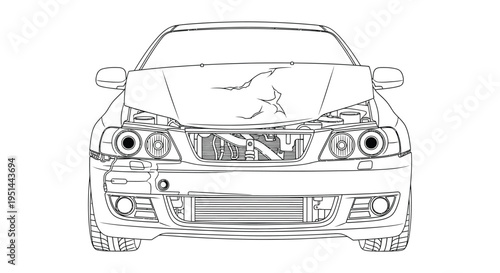 Detailed line art depiction of a damaged sports car with a shattered windshield presented as a silhouette high quality professional detailed