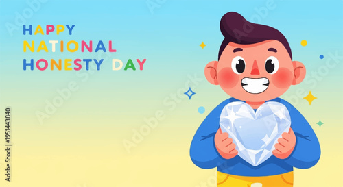 Smiling cartoon boy holding heart on national honesty day with colorful background