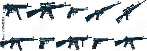 Silhouettes of various firearms including rifles, pistols, revolvers, submachine guns, stylized weapon illustration, modern design, military concept, security artwork, tactical collection