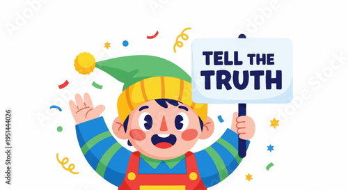 Smiling cartoon jester holding 'tell the truth' sign with confetti on white background
