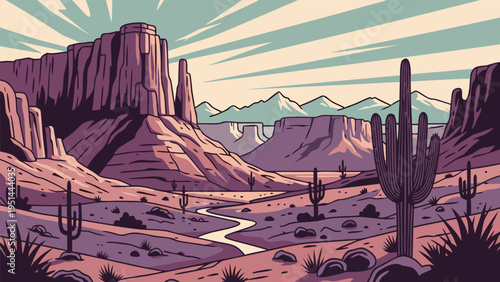 Vibrant vector illustration of winding purple desert road through pink mesas beneath glowing blue sky rays