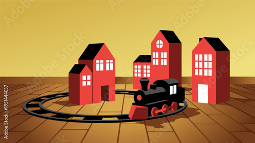 Whimsical vector toy train illustration circling four red houses on wooden floor, nostalgic playtime scene