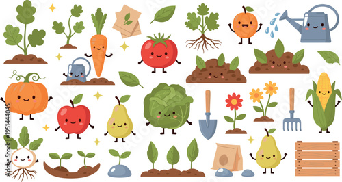Cute Gardening Vegetables Character Set with Plants Watering Tools and Growing Stages