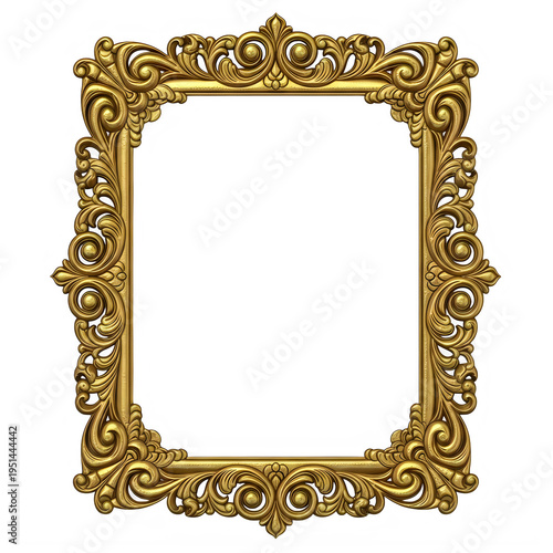 Gold ornate picture frame isolated on transparent background