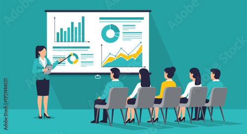 Business presentation with woman speaker, showing data charts to office team, seminar workshop meeting, flat vector illustration, analytics infographic, training, leadership.