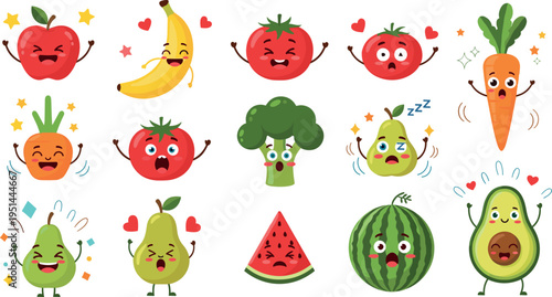 Cute Kawaii Fruits and Vegetables Emotion Set with Funny Cartoon Food Expressions
