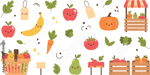 Cute Farmers Market Fruits and Vegetables Icon Set with Organic Food Harvest Elements