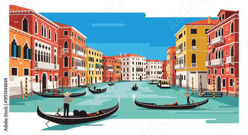 A vibrant venetian canal scene with gondolas and buildings highlighted by a dark silhouette high quality professional detailed modern elegant stylish