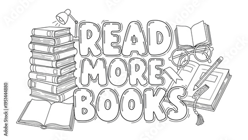 Literacy and Learning: A visual depiction of Read More Books, emphasizing the joy of knowledge with stacks of books, a reading lamp, and eyeglasses, fostering a love of reading.
