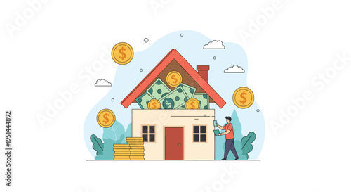 Person saves money for a new home by placing dollar coins and banknotes into a house-shaped piggy bank structure.