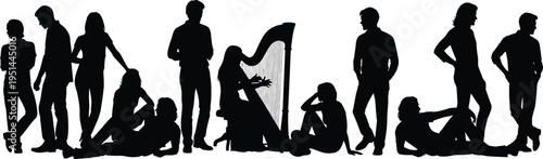 People silhouettes in various poses with harp player musician and standing group cad drawing flat vector illustration for lifestyle design